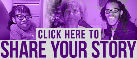 Photo collage of people with disabilities and an older adult. Text reads click here to share your story.